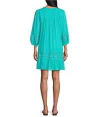 Nurture Solid Crinkle Woven Pleated 3/4 Sleeve Notch Neck Short Dress