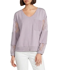 Nurture Solid V-Neck Long Sleeve Drop Shoulder French Terry Knit Lace Detail Ribbed Pullover