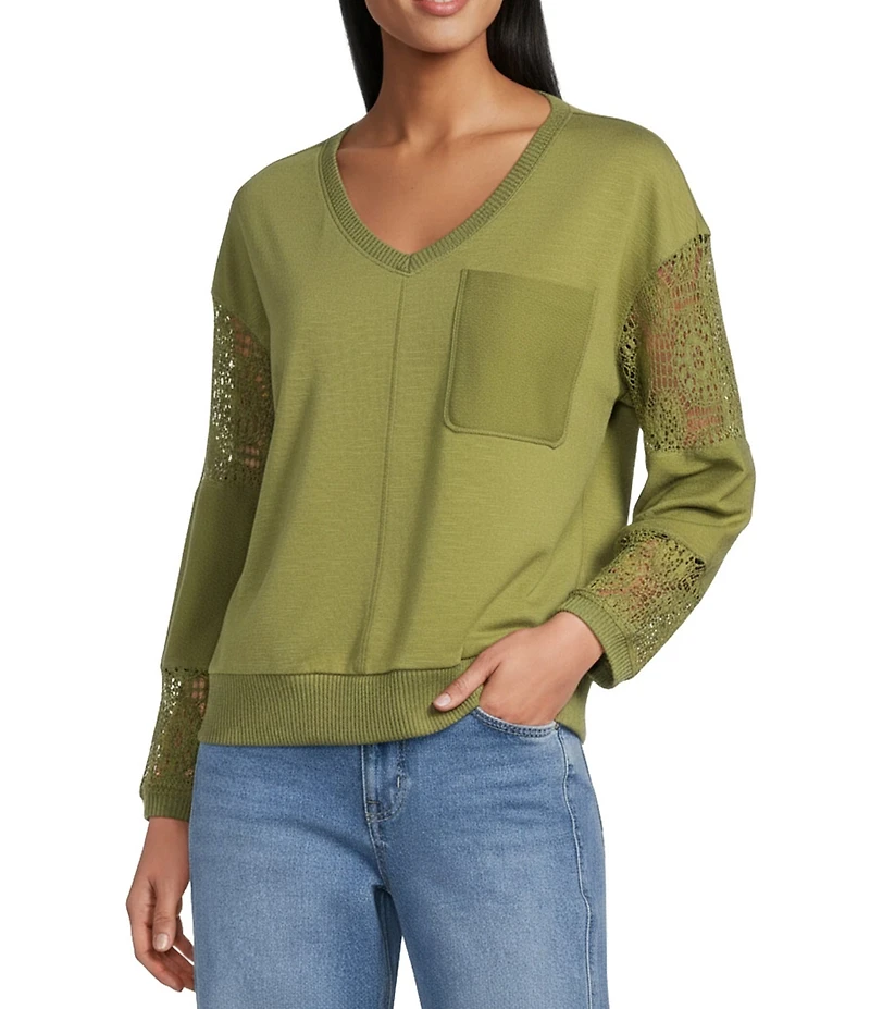 Nurture Solid V-Neck Long Sleeve Drop Shoulder French Terry Knit Lace Detail Ribbed Pullover
