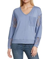Nurture Solid V-Neck Long Sleeve Drop Shoulder French Terry Knit Lace Detail Ribbed Pullover