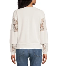 Nurture Solid V-Neck Long Sleeve Drop Shoulder French Terry Knit Lace Detail Ribbed Pullover