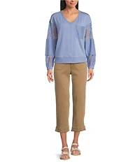 Nurture Solid V-Neck Long Sleeve Drop Shoulder French Terry Knit Lace Detail Ribbed Pullover