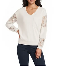 Nurture Solid V-Neck Long Sleeve Drop Shoulder French Terry Knit Lace Detail Ribbed Pullover