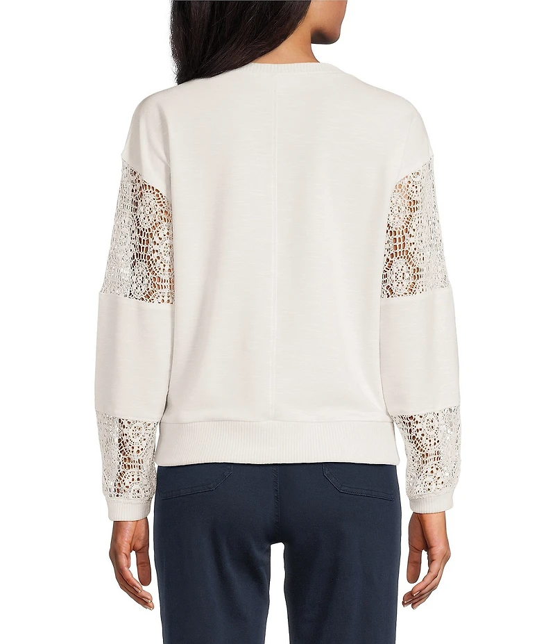 Nurture Solid V-Neck Long Sleeve Drop Shoulder French Terry Knit Lace Detail Ribbed Pullover