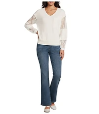 Nurture Solid V-Neck Long Sleeve Drop Shoulder French Terry Knit Lace Detail Ribbed Pullover