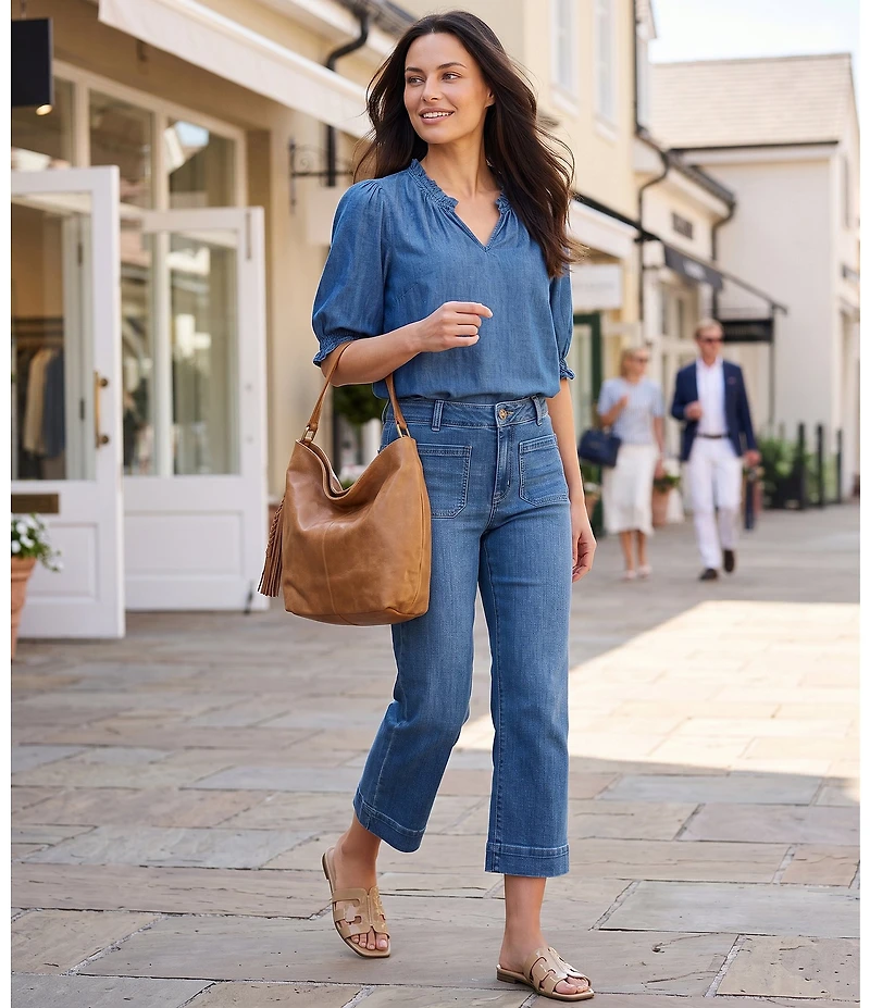 Nurture Stretch Denim High Rise Side Slit Hem Cropped Straight Leg Jeans