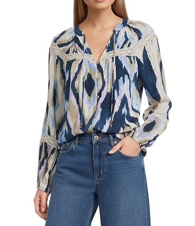 Nurture Tassel Long Sleeve Button Front Y-Neck Top
