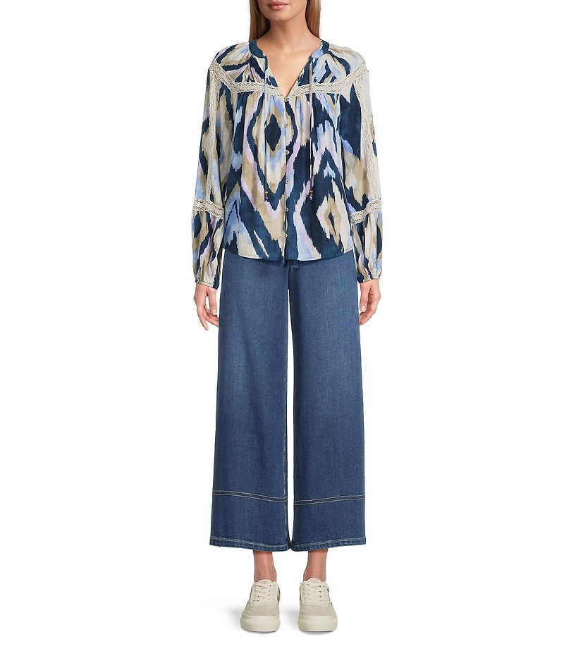 Nurture Tassel Long Sleeve Button Front Y-Neck Top