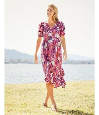 Nurture V-Neck Button Smocked Elbow Sleeves Midi Dress