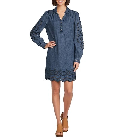Nurture Washed Denim Long Sleeve Y-Neck Shirt Dress