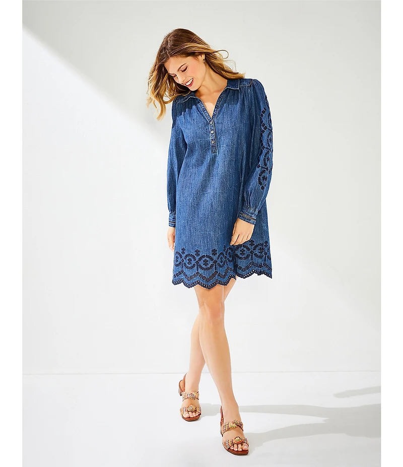 Nurture Washed Denim Long Sleeve Y-Neck Shirt Dress