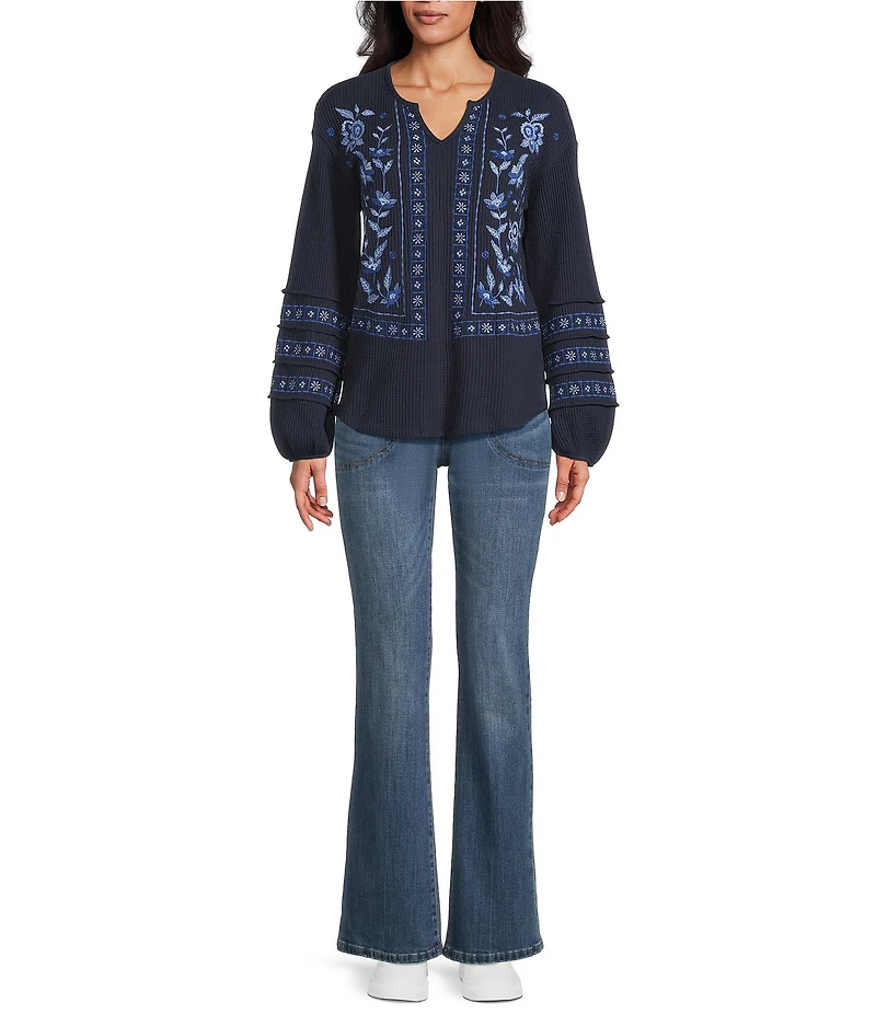 Nurture Washed Embroidered Long Sleeve V-Neck Knit Top