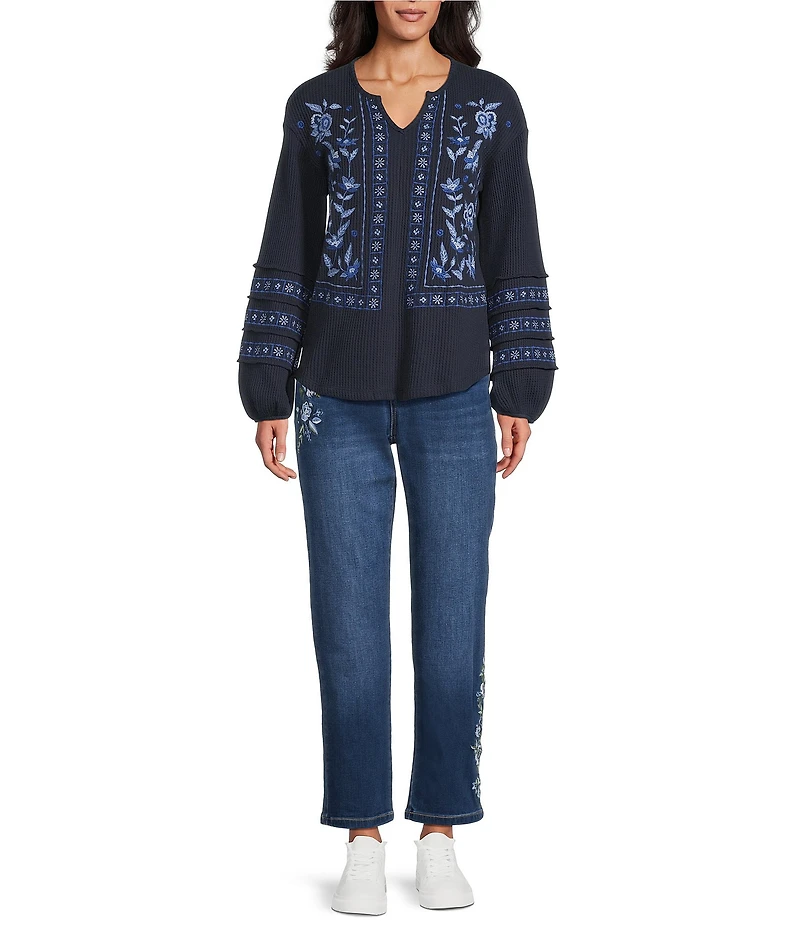 Nurture Washed Embroidered Long Sleeve V-Neck Knit Top