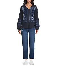 Nurture Washed Embroidered Long Sleeve V-Neck Knit Top