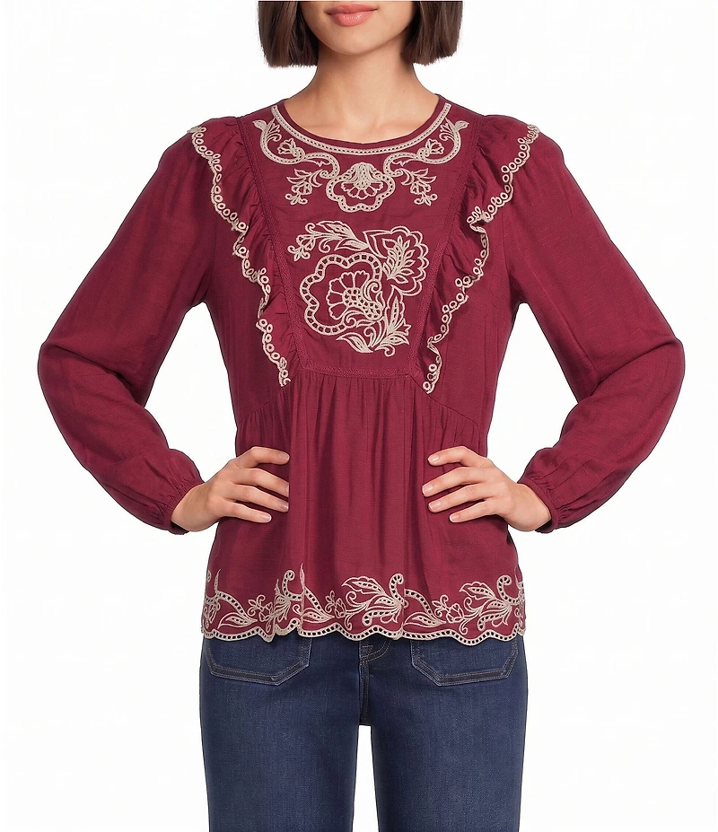 Nurture Woven Bracelet Sleeve Crew Neck Ruffle Top