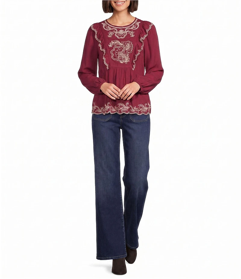 Nurture Woven Bracelet Sleeve Crew Neck Ruffle Top