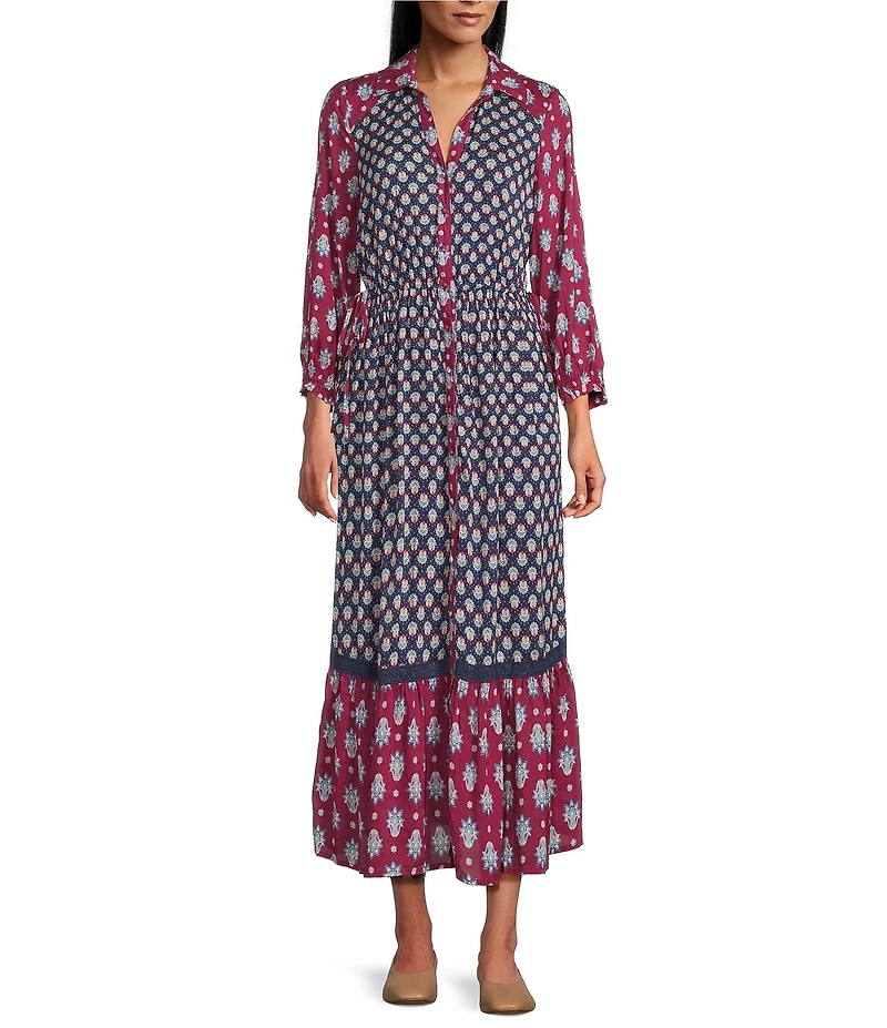 Nurture Printed Y-Neck 3/4 Sleeve Midi Shirt Dress