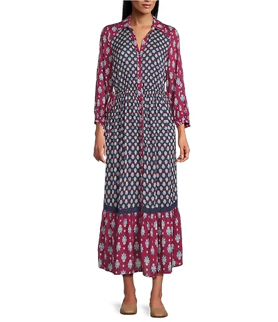 Nurture Printed Y-Neck 3/4 Sleeve Midi Shirt Dress