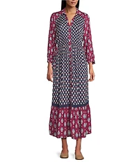 Nurture Printed Y-Neck 3/4 Sleeve Midi Shirt Dress