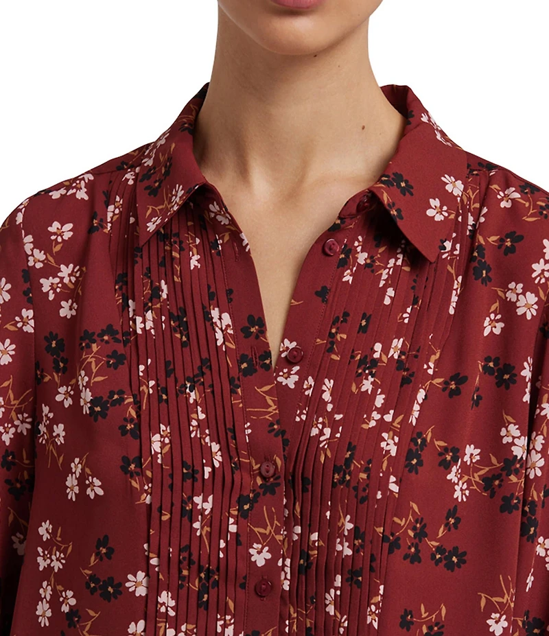 NYDJ Bien Venue Floral Print Woven Point Collar Long Sleeve Pleated Front Tuxedo Blouse