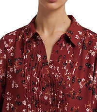 NYDJ Bien Venue Floral Print Woven Point Collar Long Sleeve Pleated Front Tuxedo Blouse