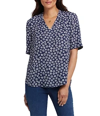 NYDJ Charming Printed V-Neck Short Sleeve Top