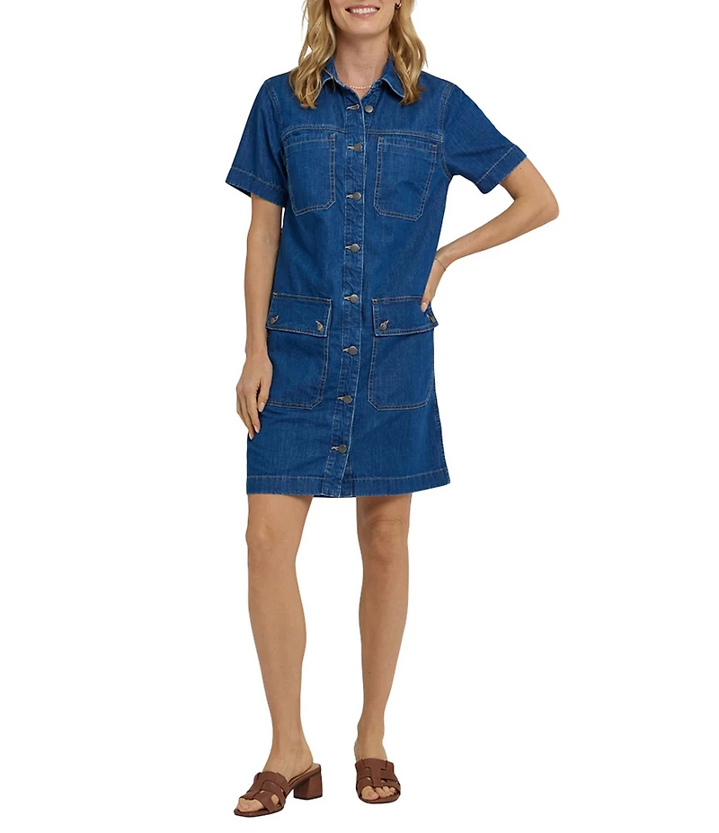 NYDJ Denim Point Collar Short Sleeve Knee Length Sheath Dress
