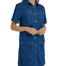 NYDJ Denim Point Collar Short Sleeve Knee Length Sheath Dress