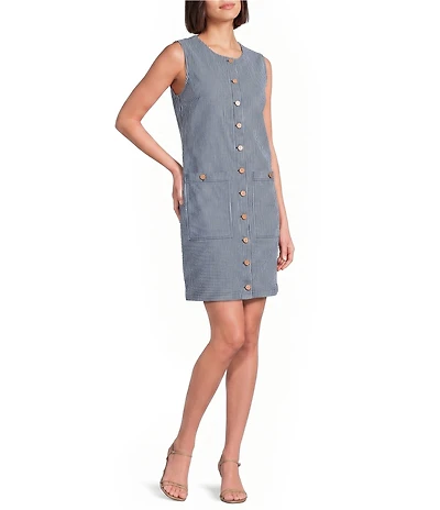 NYDJ Denim Stripe Crew Neck Sleeveless A-Line Utility Dress