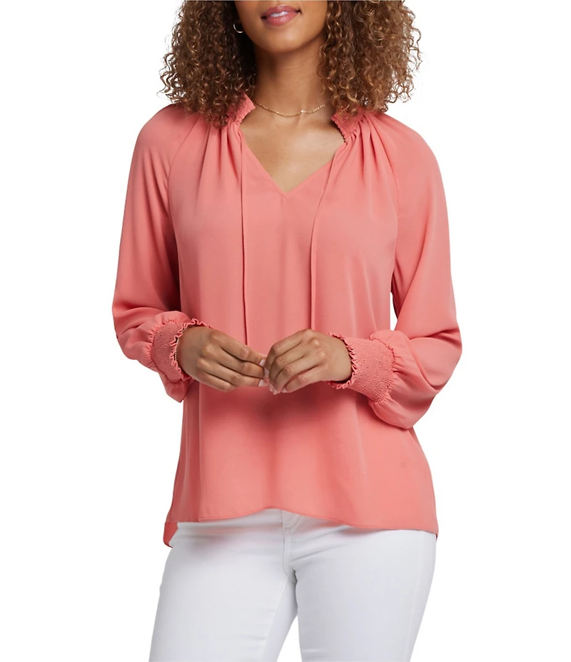 NYDJ Gemma Split V-Neck Smocked Long Sleeve Curved Hem Blouse