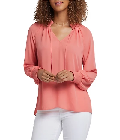 NYDJ Gemma Split V-Neck Smocked Long Sleeve Curved Hem Blouse
