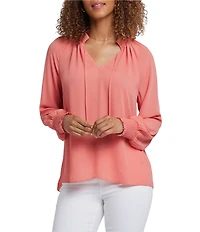 NYDJ Gemma Split V-Neck Smocked Long Sleeve Curved Hem Blouse