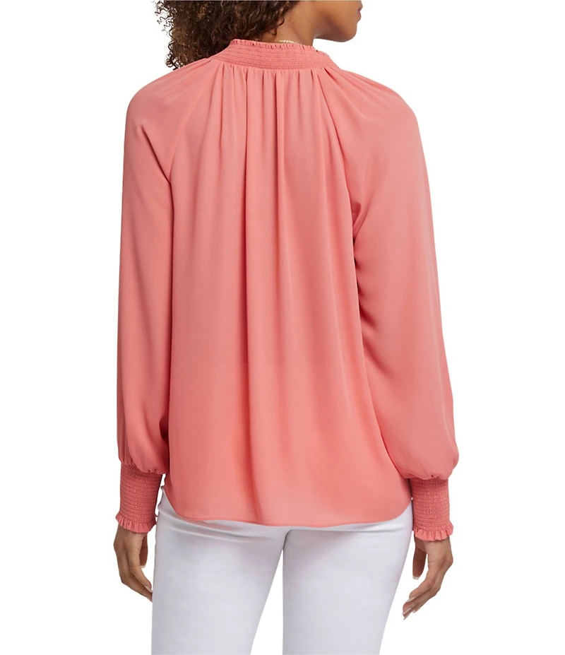 NYDJ Gemma Split V-Neck Smocked Long Sleeve Curved Hem Blouse
