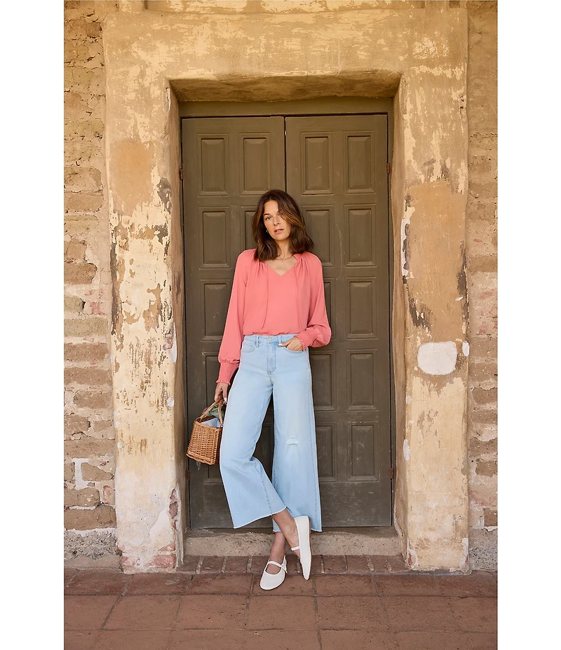 NYDJ Gemma Split V-Neck Smocked Long Sleeve Curved Hem Blouse