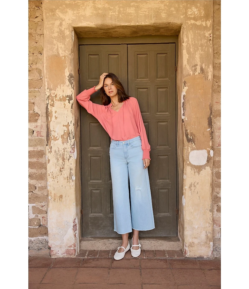 NYDJ Gemma Split V-Neck Smocked Long Sleeve Curved Hem Blouse