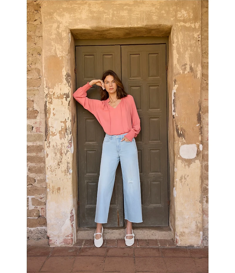 NYDJ Gemma Split V-Neck Smocked Long Sleeve Curved Hem Blouse