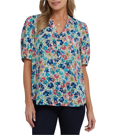 NYDJ Georgette Print Split V-Neck Short Sleeve Top
