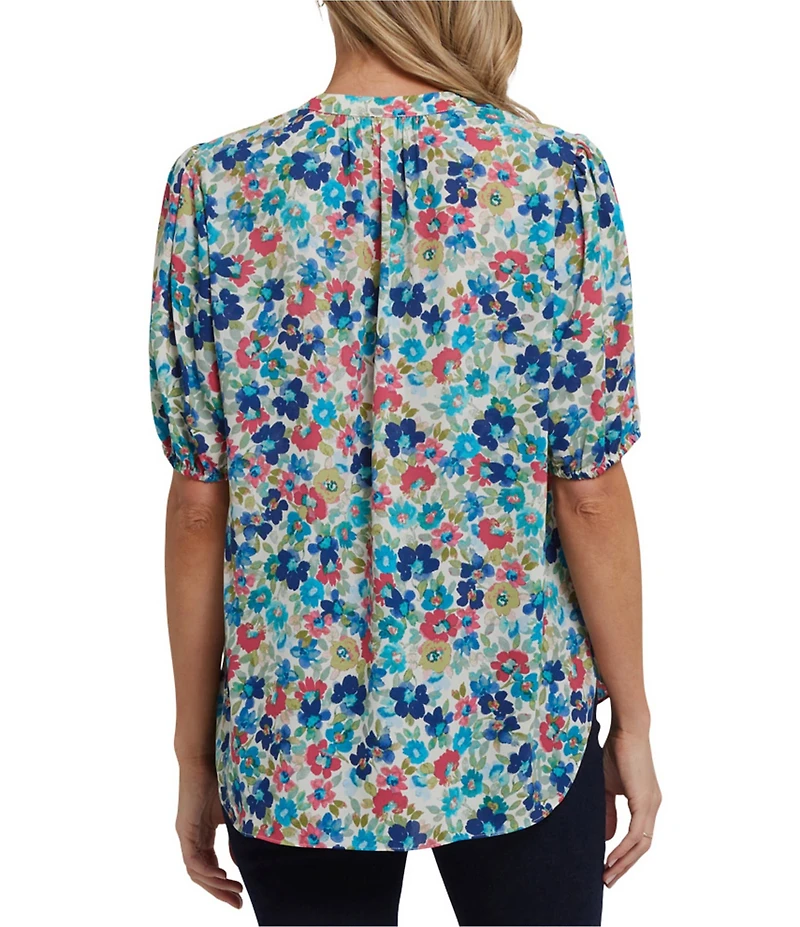 NYDJ Georgette Print Split V-Neck Short Sleeve Top