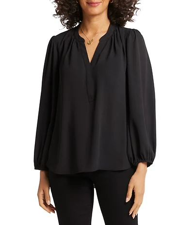 NYDJ Georgette Woven Printed Split V-Neck Long Sleeve Blouse