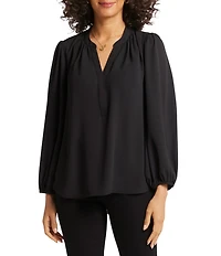 NYDJ Georgette Woven Printed Split V-Neck Long Sleeve Blouse