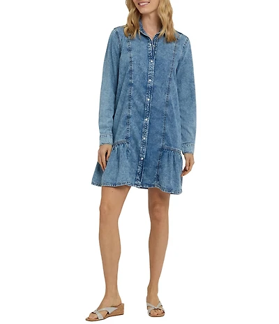 NYDJ Knit Denim Point Collar Long Sleeve Shirt Dress