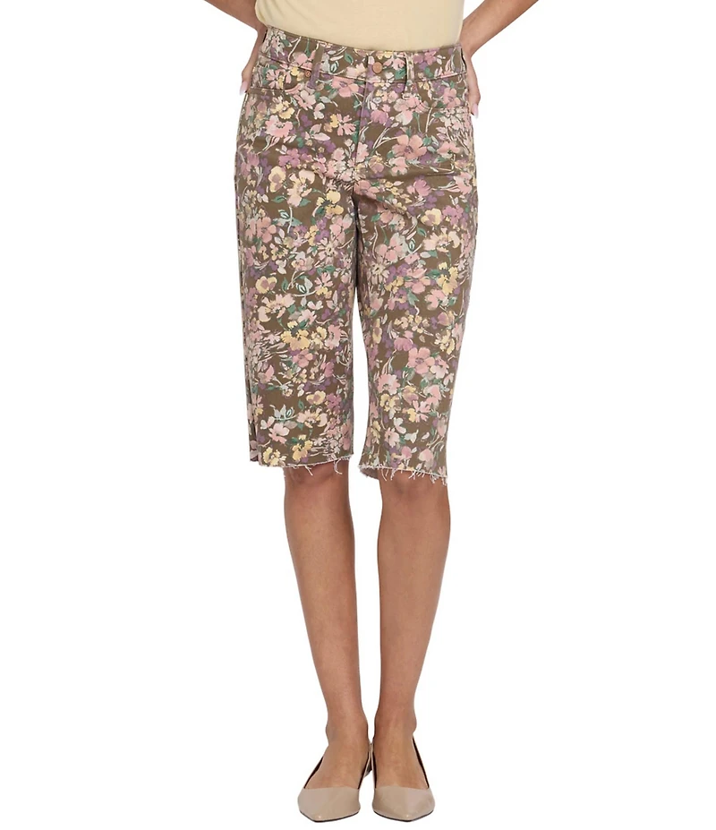 NYDJ Kristie Floral Print 80s Denim Straight Leg Raw Cut Hem Bermuda Shorts