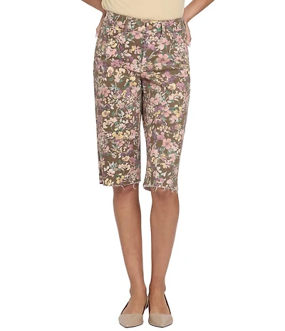 NYDJ Kristie Floral Print 80s Denim Straight Leg Raw Cut Hem Bermuda Shorts
