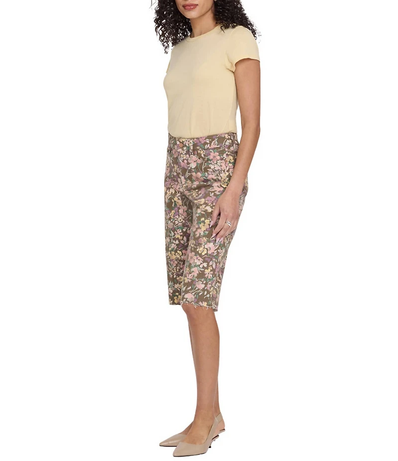 NYDJ Kristie Floral Print 80s Denim Straight Leg Raw Cut Hem Bermuda Shorts