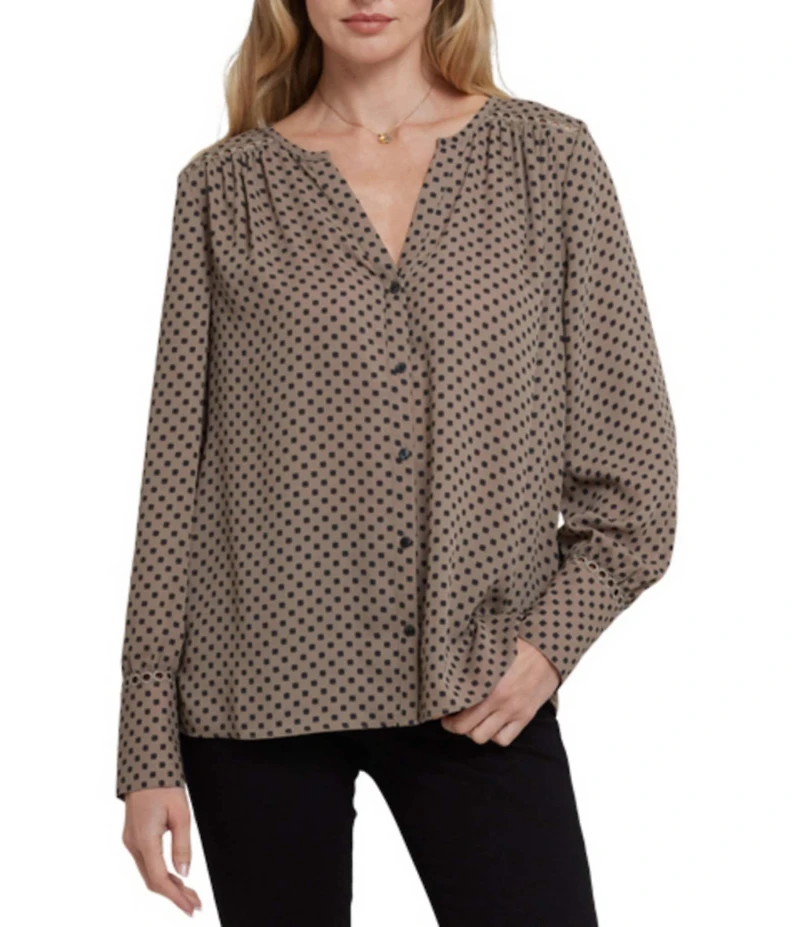 NYDJ Liliana Dot Print Split V-Neck Long Sleeve Button Front Peasant Blouse