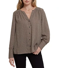 NYDJ Liliana Dot Print Split V-Neck Long Sleeve Button Front Peasant Blouse