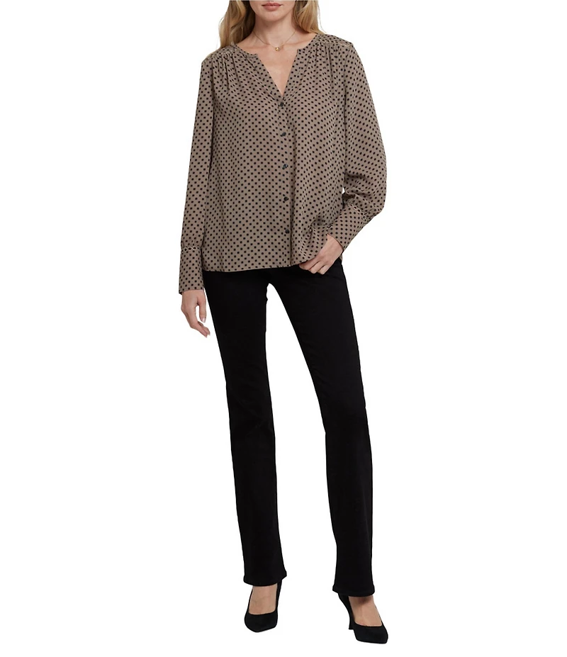 NYDJ Liliana Dot Print Split V-Neck Long Sleeve Button Front Peasant Blouse