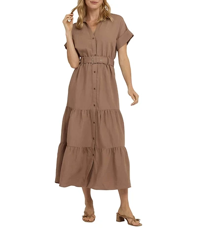 NYDJ Linen Spread Collar Short Sleeve Belted Tiered Maxi Shirtdress