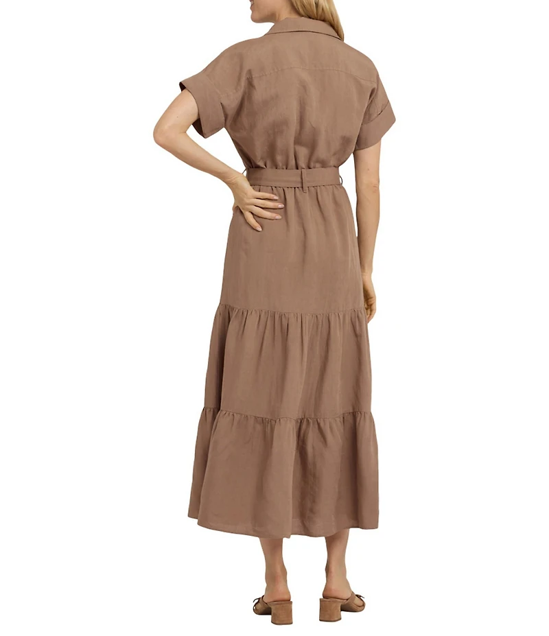 NYDJ Linen Spread Collar Short Sleeve Belted Tiered Maxi Shirtdress