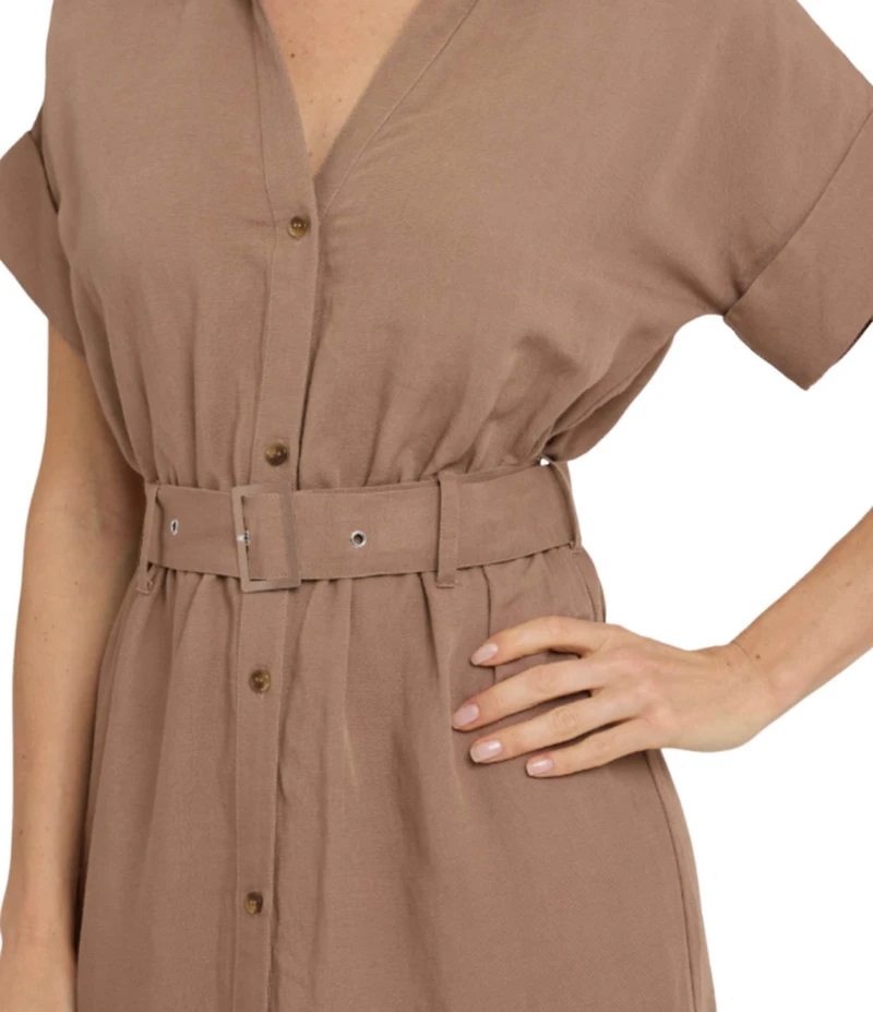 NYDJ Linen Spread Collar Short Sleeve Belted Tiered Maxi Shirtdress